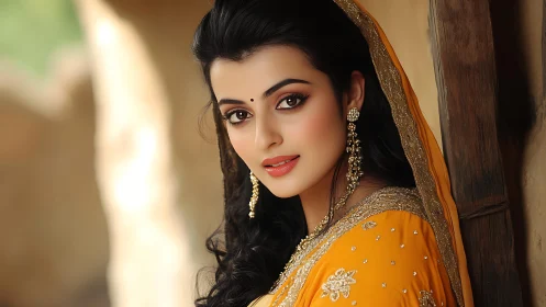 Sunlit mustard saree muse leaning by a rustic doorway.