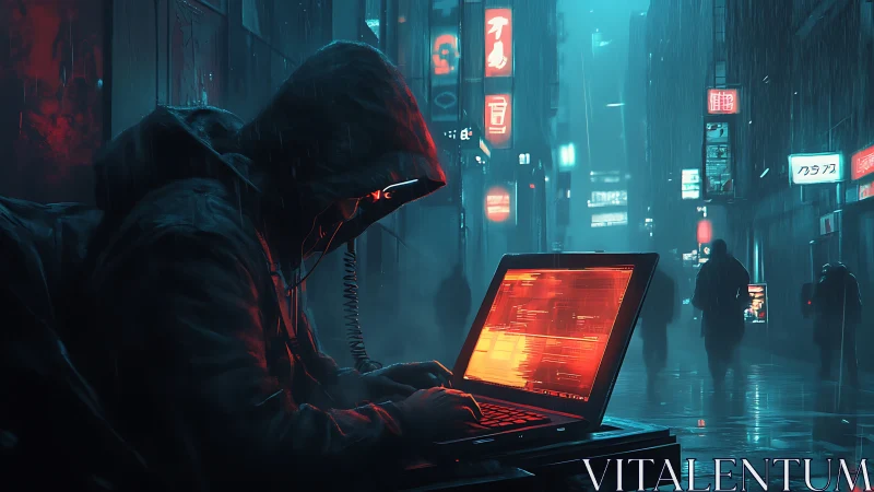Hooded cybernetic operator executing neon-lit network breach.