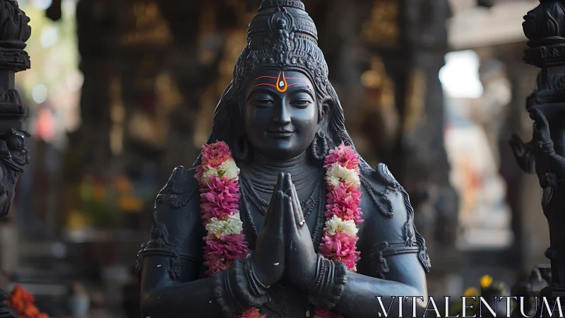 Stone temple deity statue with garland and folded hands.
