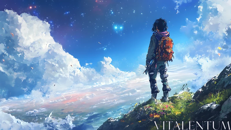 Backpacker stands on cliff edge under expansive starry sky