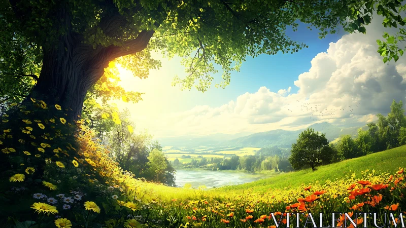 Backlit flowering hillside under towering oak, valley panorama