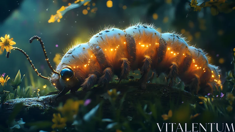 Bioluminescent caterpillar crossing a mossy log at dusk.