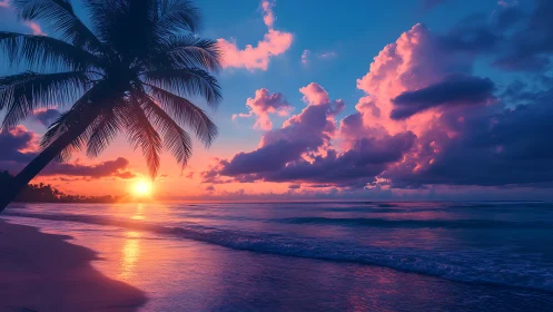 Gentle tropical sunset over calm, softly glowing shoreline.
