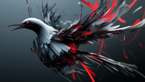 Shards of flight, cyber raven bursting from shadowed storm.