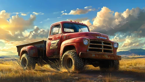 Rusty red pickup truck dominates golden prairie sunset