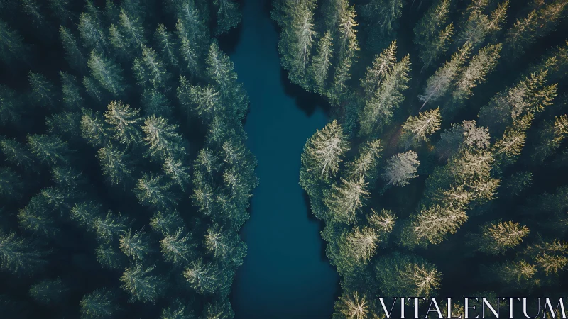 Aerial view of coniferous forest bisected by turquoise river