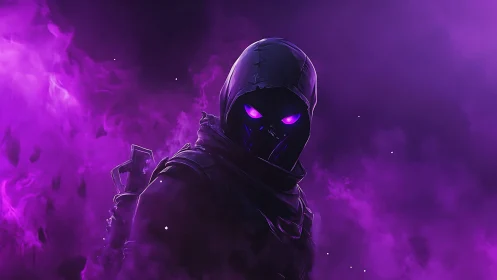 Hooded cyber assassin stands in glowing violet smoke
