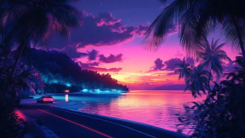 Neon twilight coastline glows under a vivid tropical sunset.