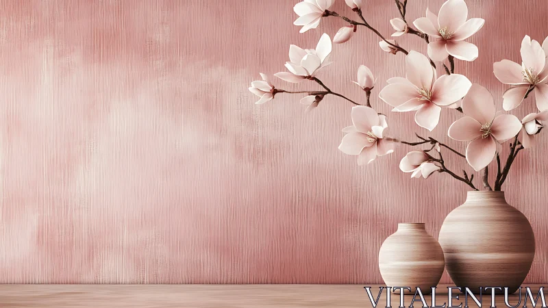 Magnolia Branches in Ceramic Vessels on Pink Textured Surface