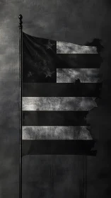 Worn monochrome flag on pole against dark textured sky.