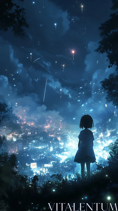 Silhouetted girl studies luminous cybercity under meteor-streaked sky