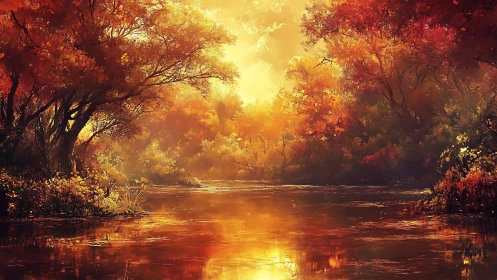 Digital painting autumn river panorama with radiant backlight.