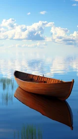 Wooden rowboat rests on mirrored lake under soft clouds.