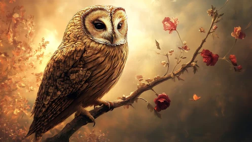 Majestic Owl on Floral Branch in Dreamy Warm Light, Digital Art.