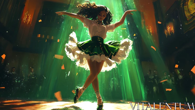 Joyful dancer spins under glowing green stage lights