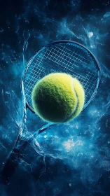Electric tennis ball collides with racket in icy blue splash