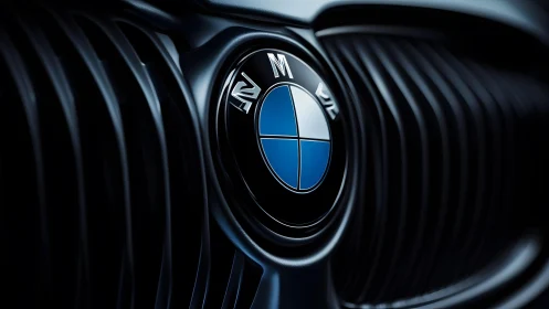 Close-up of BMW car grille and emblem in dramatic lighting.