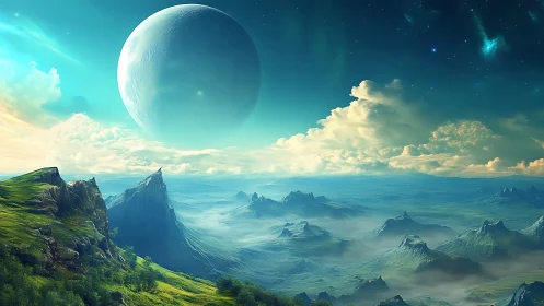 Colossal alien planet rises over misted emerald valley