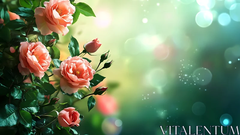 Salmon Roses in Bokeh Light: Soft Focus Garden Botanical Composition.