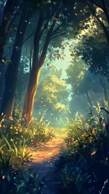 Forest Path With Golden Sunlight Through Dense Trees.