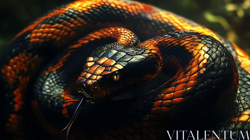 Coiled black and orange snake glows under dramatic light