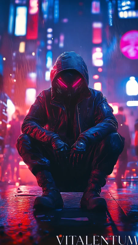 Hooded figure in neon lit rainy cyberpunk city street scene.