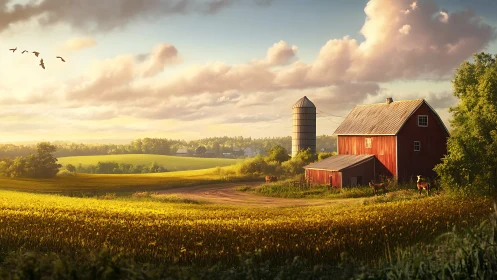 Golden-hour red barn amid rolling summer farmland panorama.