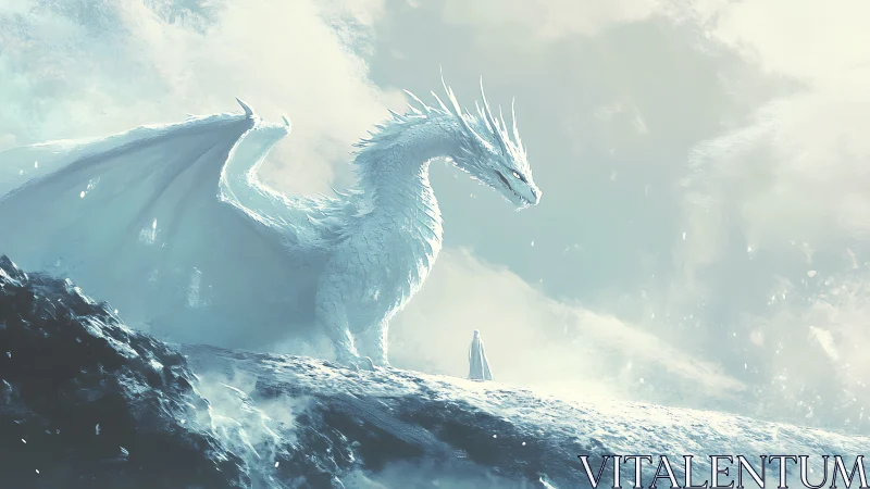 Gentle meeting between ice dragon guardian and lone wanderer.