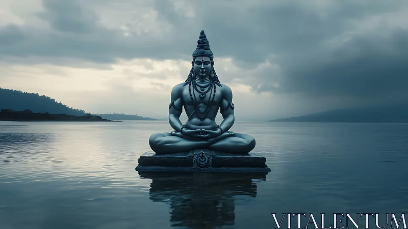 Silver meditating deity holds stillness above misted waters.