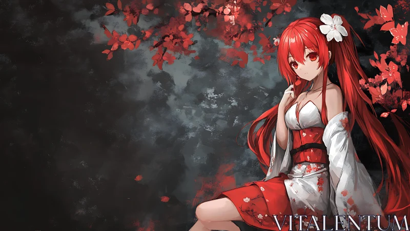 Red haired anime girl in floral kimono amid dark blossoms.