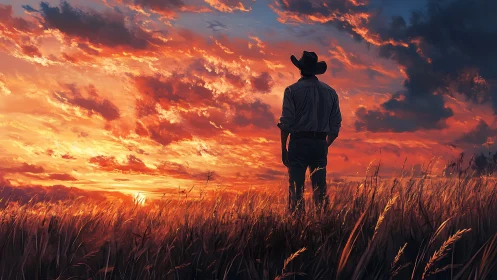 Digital painting of lone cowboy silhouetted in blazing prairie sky.