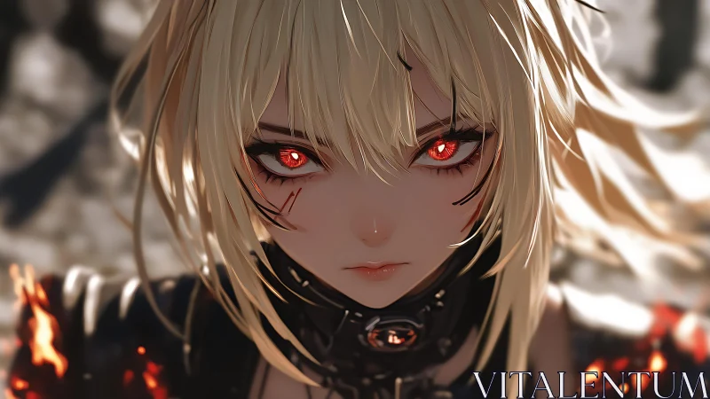 Fierce anime warrior glares ahead amid embers and ash