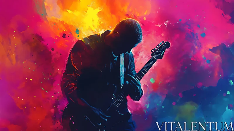 Guitarist silhouette against vivid abstract color burst.