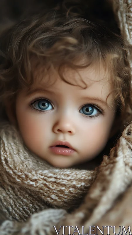 Child in Beige Wrap with Striking Blue Eyes.