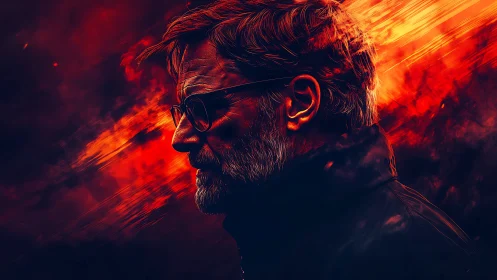 Digital painting portrait with dynamic fiery motion streaks.