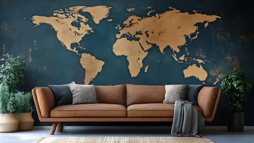 Modern leather sofa under textured gold world map mural.