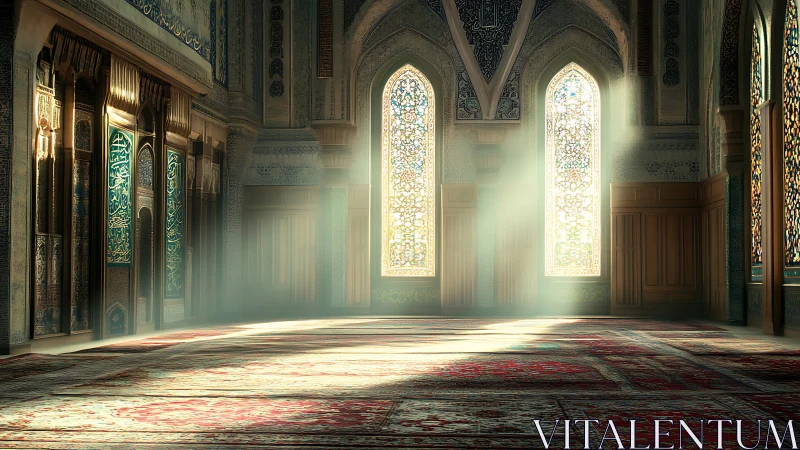 Sunlit mosque interior with ornate stained glass windows.