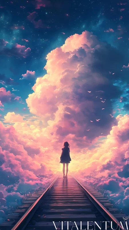 Girl on glowing railway walks toward a dreamy cloud horizon