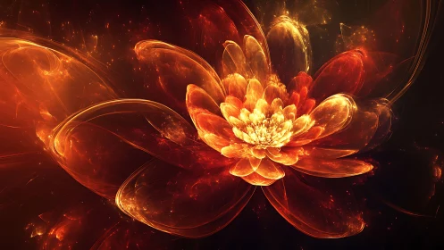 Fractal luminous lotus bloom rendered in fiery spectral gradients