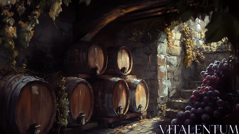 Rustic stone wine cellar with stacked oak barrels and grapes.