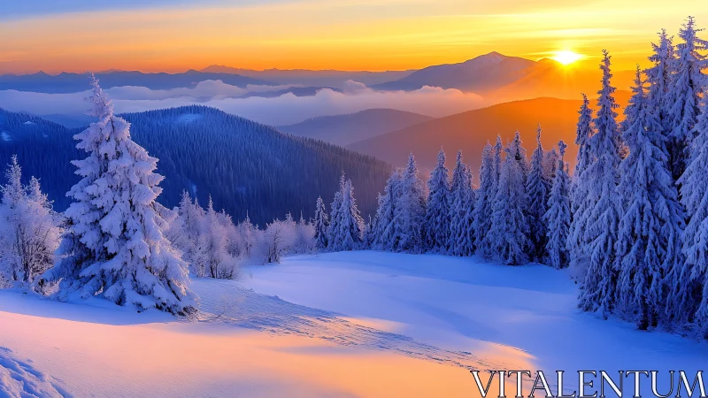 Sunlit alpine forest under vivid winter sunrise glow.