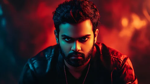 Intense portrait in glowing red and teal studio light.