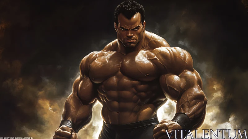 Hyper-muscular male figure stands centered in dramatic lighting
