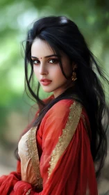 Photorealistic portrait, woman in red sari, shallow depth of field
