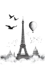Monochrome Eiffel Tower with birds, balloon, and domes.
