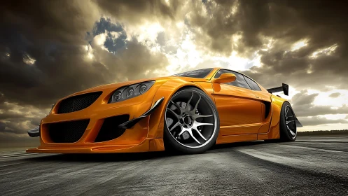 Lowered orange sports car roars under a dramatic storm sky