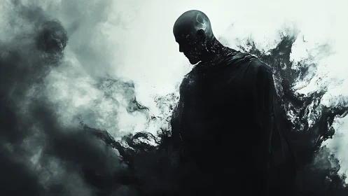 Vaporous humanoid silhouette dissolving into turbulent black fluid.