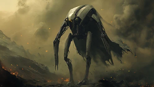 Towering war robot strides through a burning wasteland shroud