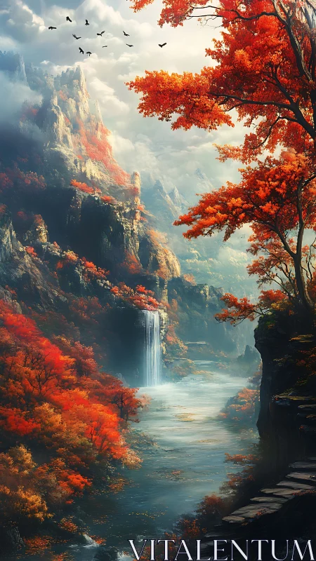 Scarlet river carves a dreamlit passage through misty cliffs