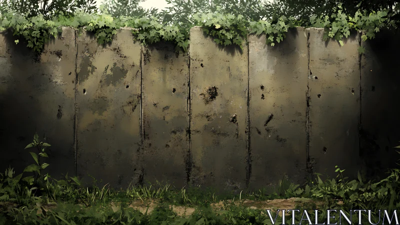 Concrete garden wall with ivy and overgrown ground cover.